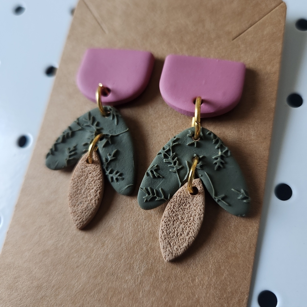 Pink and Green Leaf Dangle Earrings